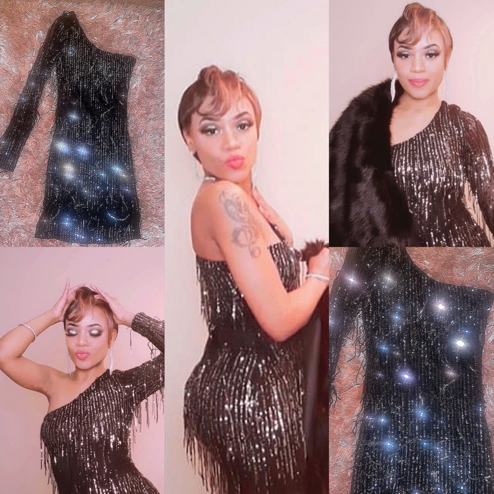 FASHION NOVA Sequin Black And Silver Dress | One Shoulder | Special Occasion